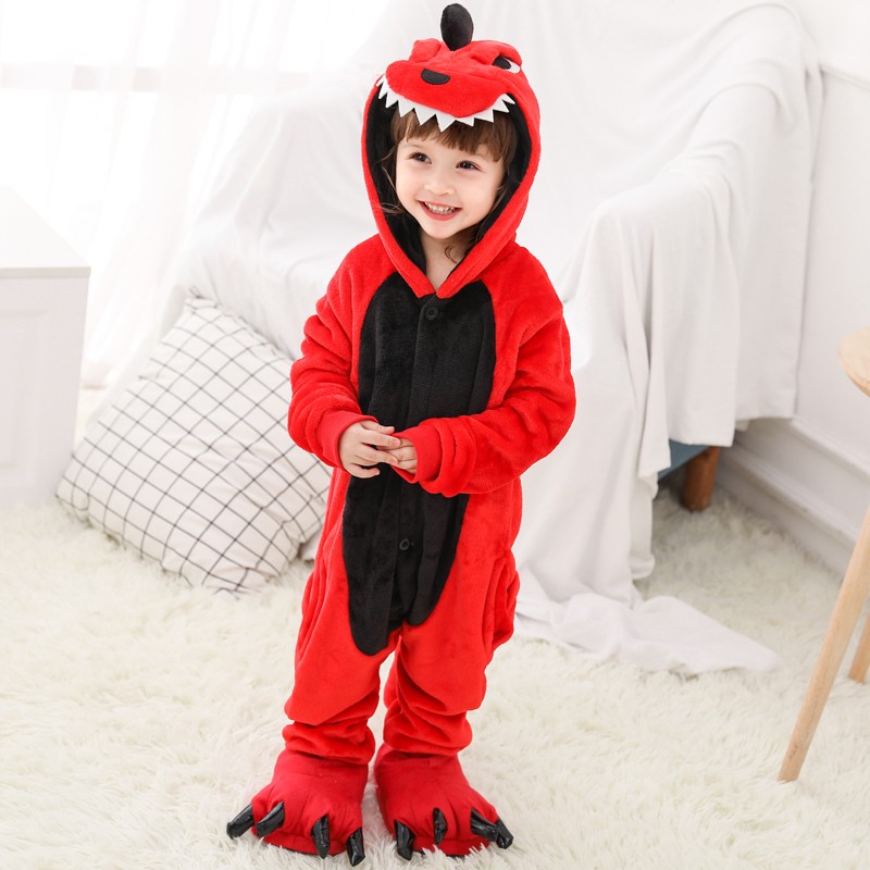 Combinaison Pyjama Enfants Rouge Dinosaure Capuche Garçon & Fille  Déguisement Kigurumi Déguisement Kigurumi 